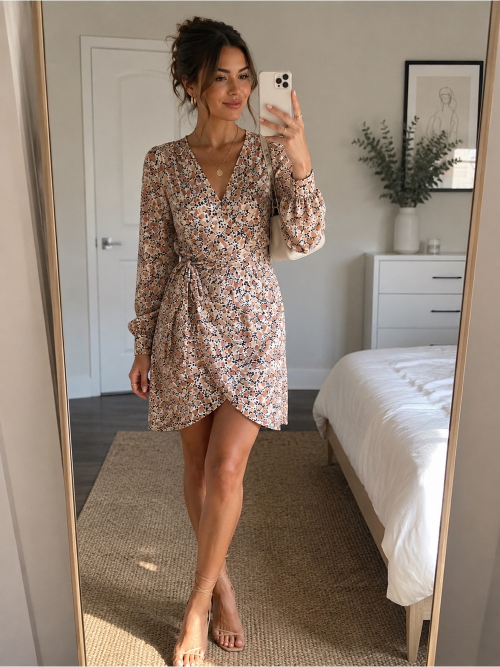 Leith Nordstrom Ditsy Floral V-Neck Satin Wrap Mini Dress